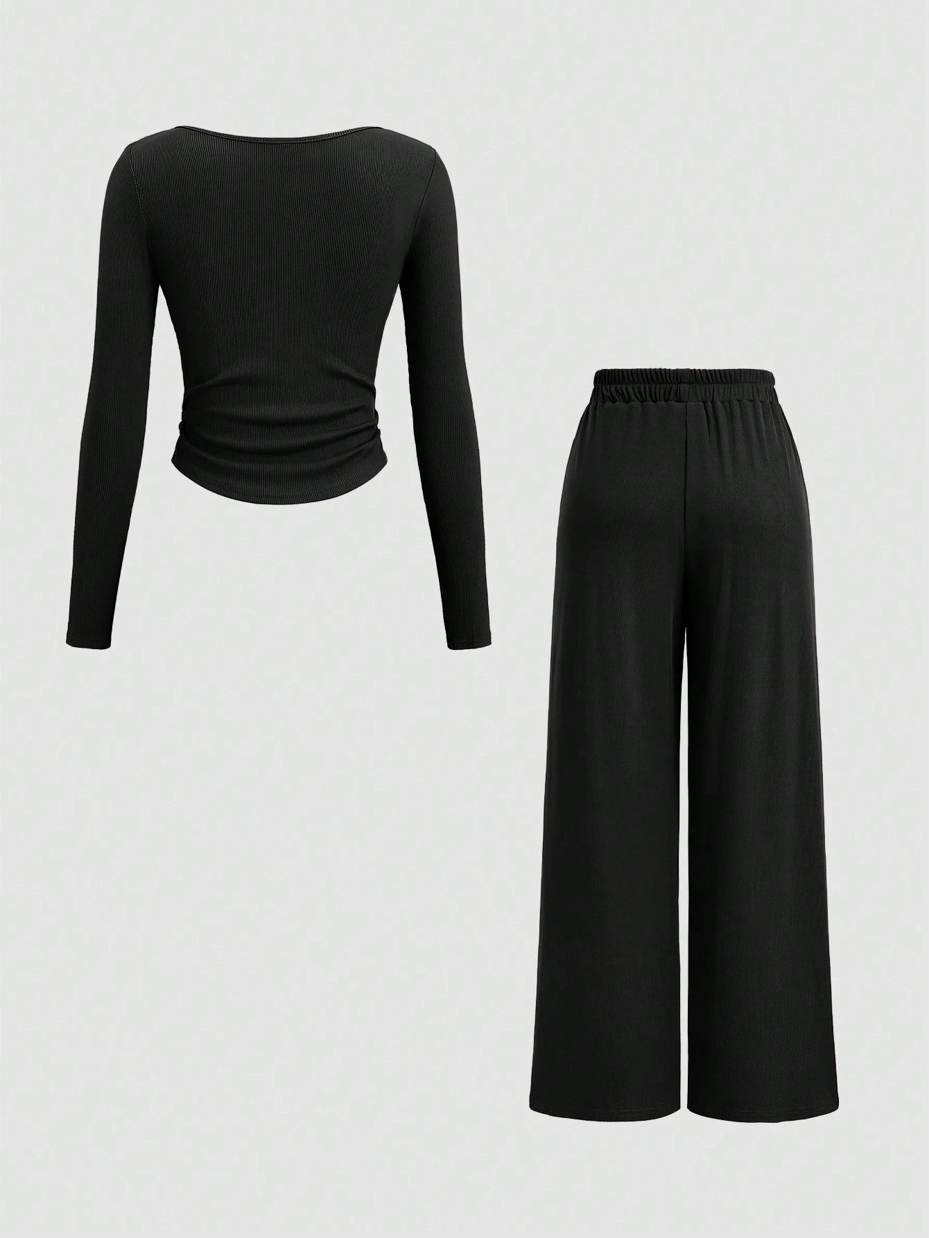 Fine Ribbed Crew Neck Button Top & Elastic Waist Straight Leg Pants shein