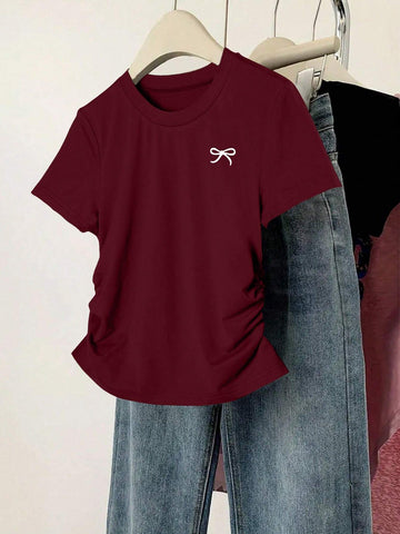 INAWLY Women Solid Color Short Sleeve T-Shirt