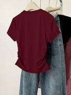 INAWLY Women Solid Color Short Sleeve T-Shirt shein