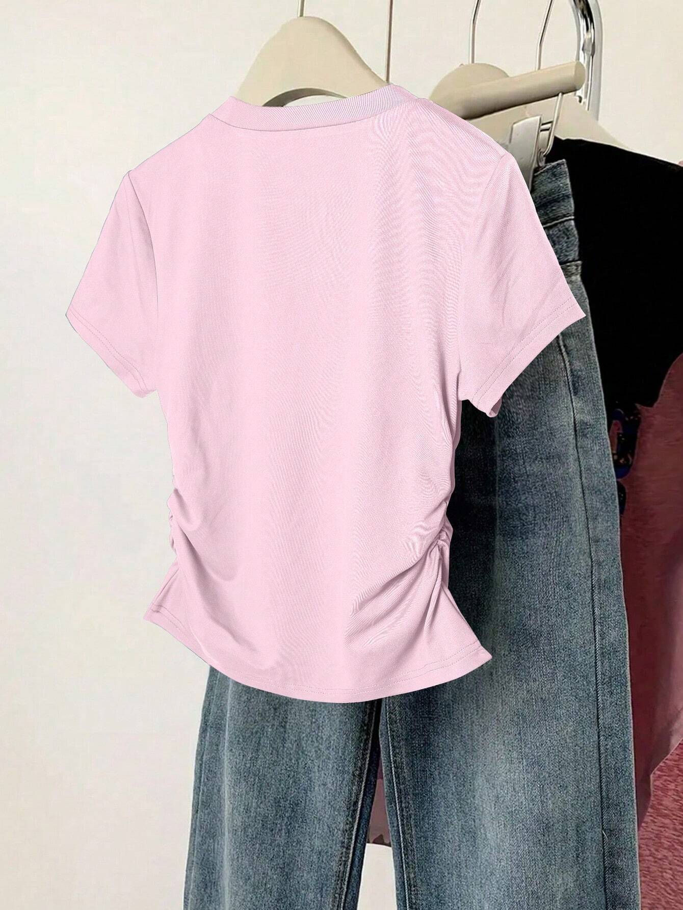 INAWLY Women Solid Color Short Sleeve T-Shirt shein