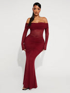 AZ Wine Red See-Through Off Shoulder Long Sleeve Dress Shein