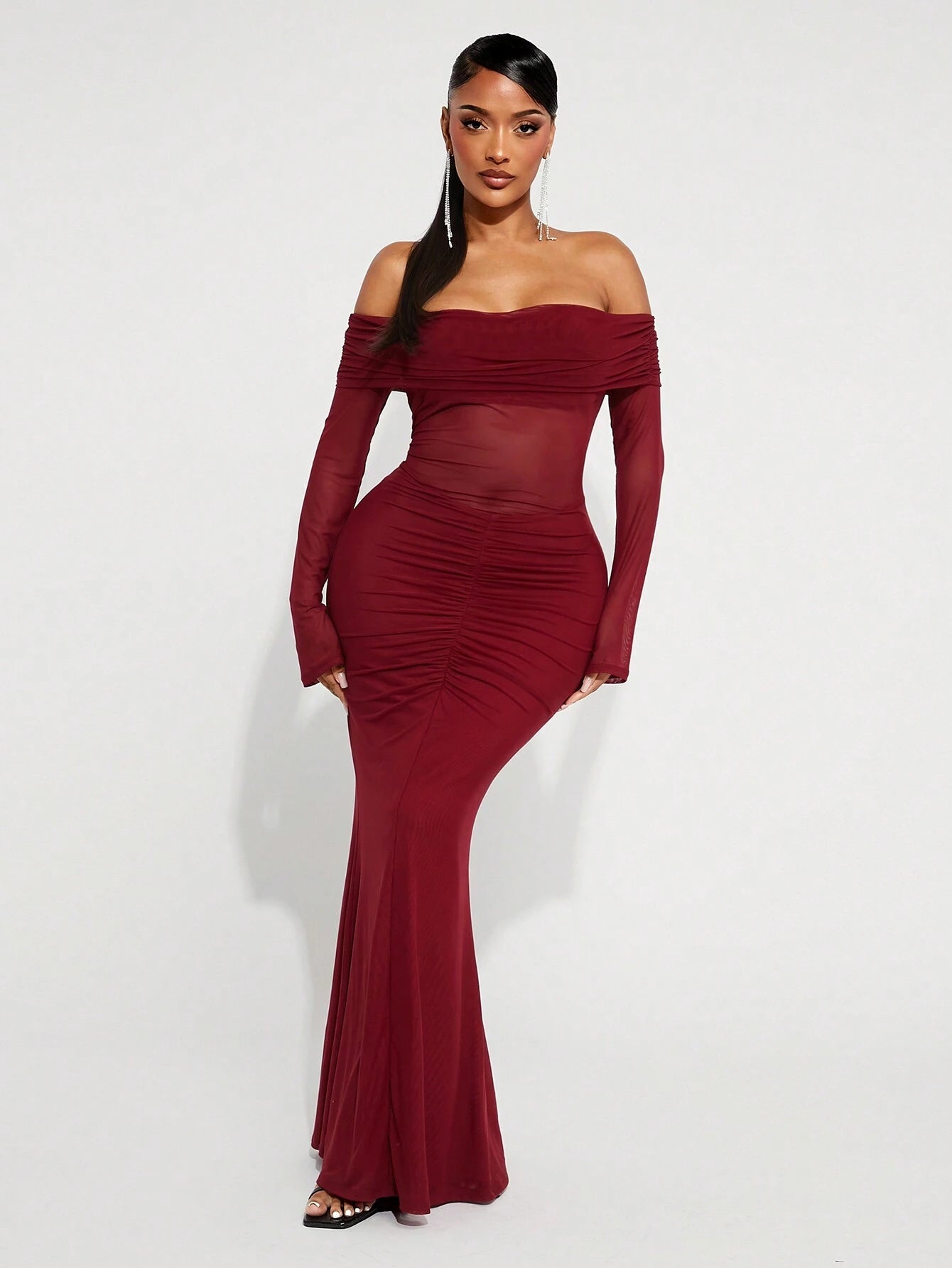 AZ Wine Red See-Through Off Shoulder Long Sleeve Dress