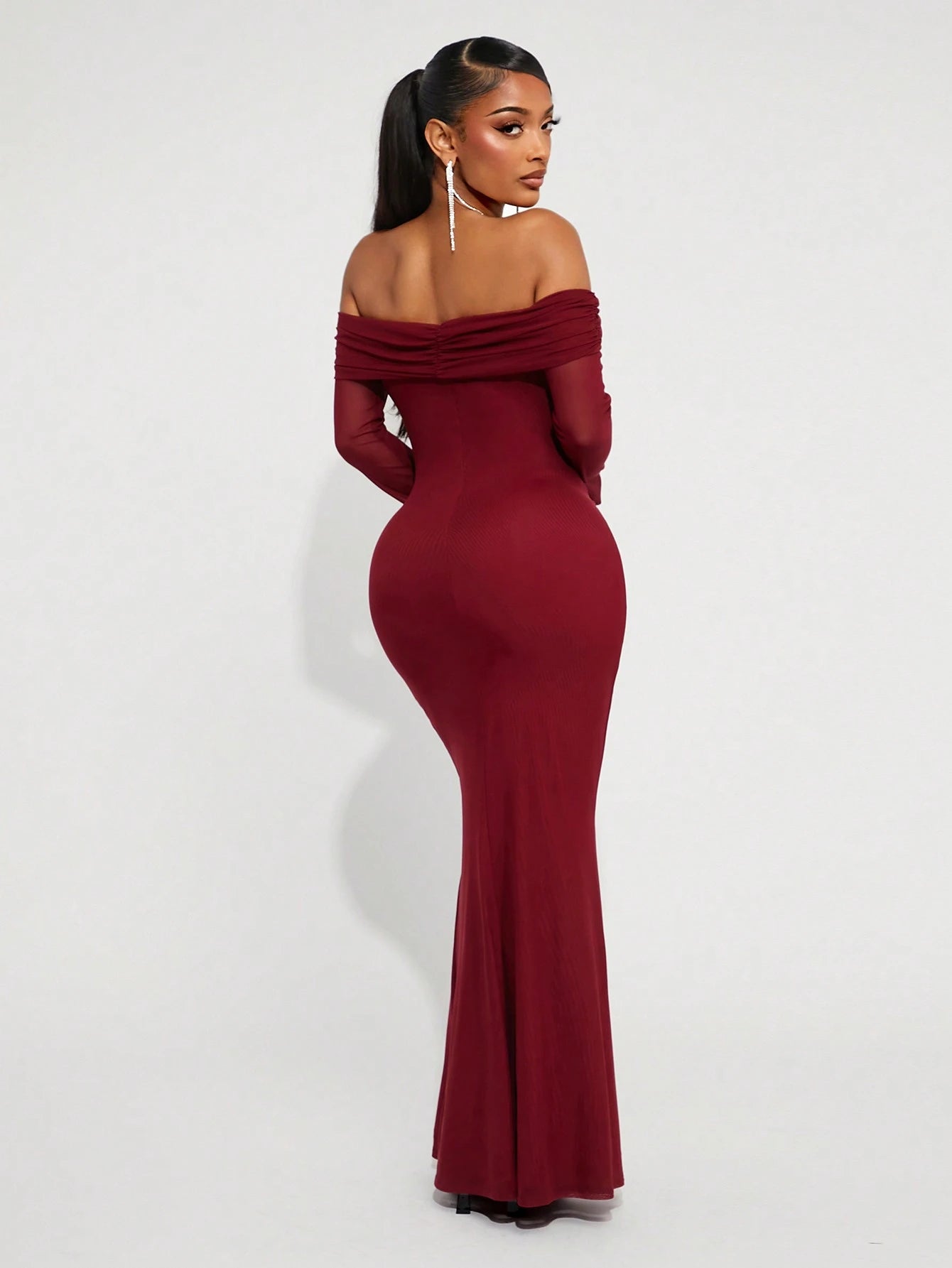 AZ Wine Red See-Through Off Shoulder Long Sleeve Dress