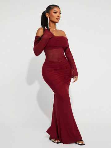 AZ Wine Red See-Through Off Shoulder Long Sleeve Dress