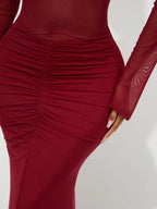 AZ Wine Red See-Through Off Shoulder Long Sleeve Dress Shein