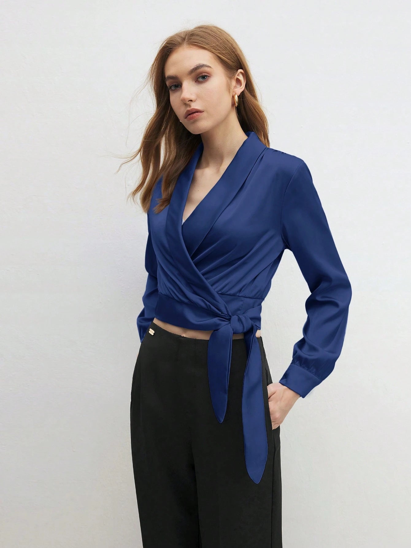 BizChic Solid Knot Side Wrap Satin Crop Blouse shein