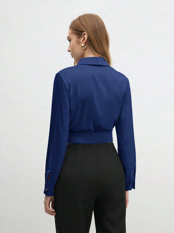 BizChic Solid Knot Side Wrap Satin Crop Blouse
