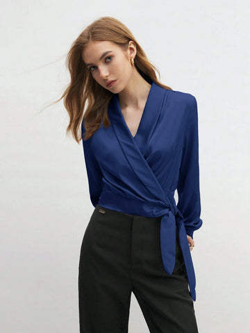 BizChic Solid Knot Side Wrap Satin Crop Blouse
