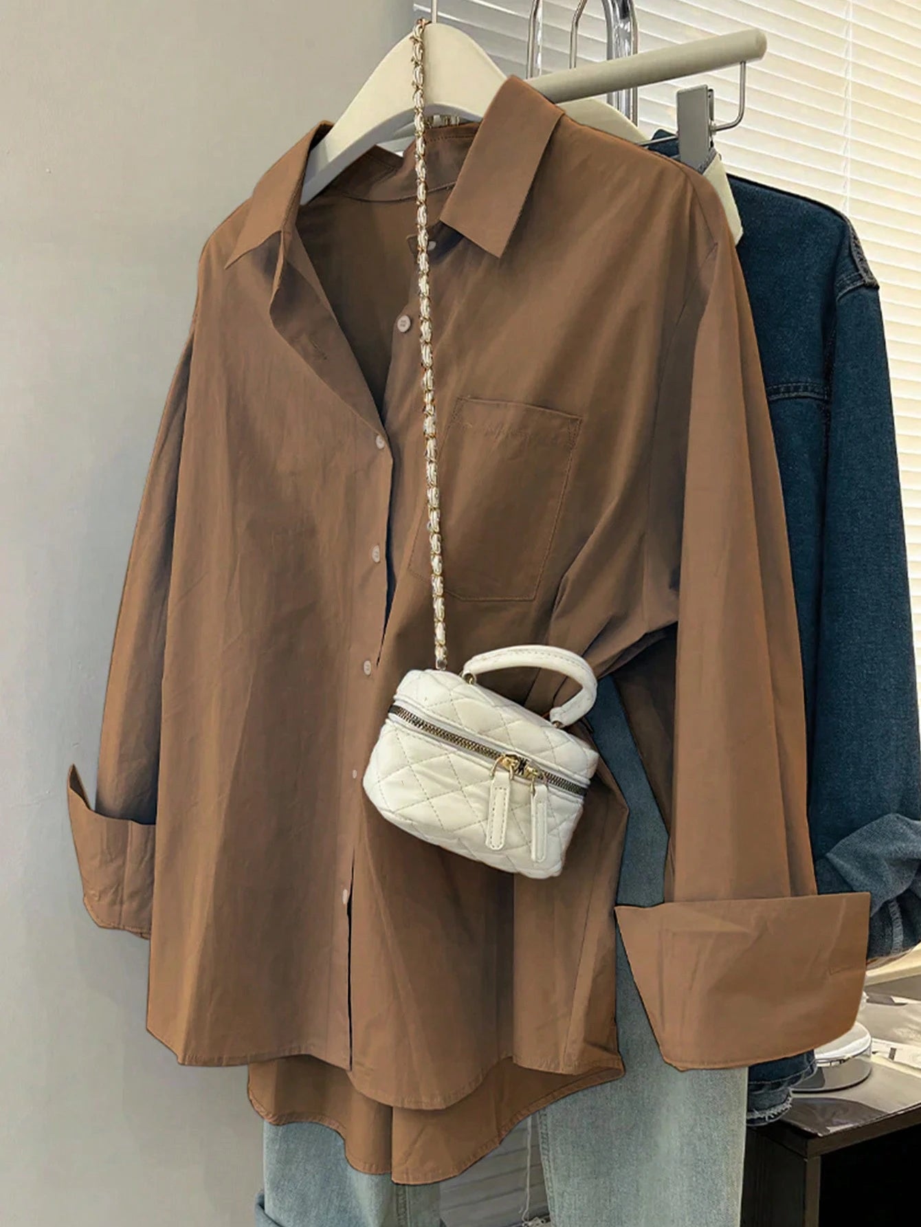 INAWLY Women's Solid Color Long Sleeve Single-Breasted Casual Loose Shirt shein