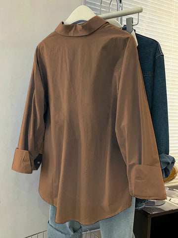 INAWLY Women's Solid Color Long Sleeve Single-Breasted Casual Loose Shirt