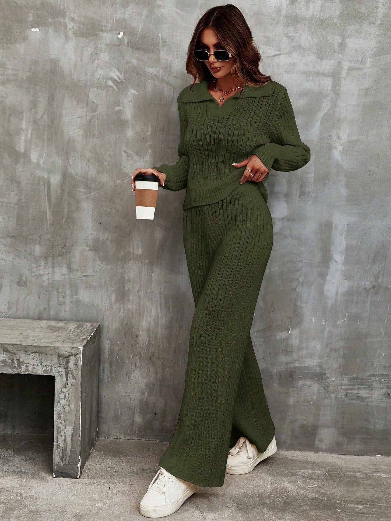 Franclia Solid Ribbed Knit Sweater & Knit Pants shein