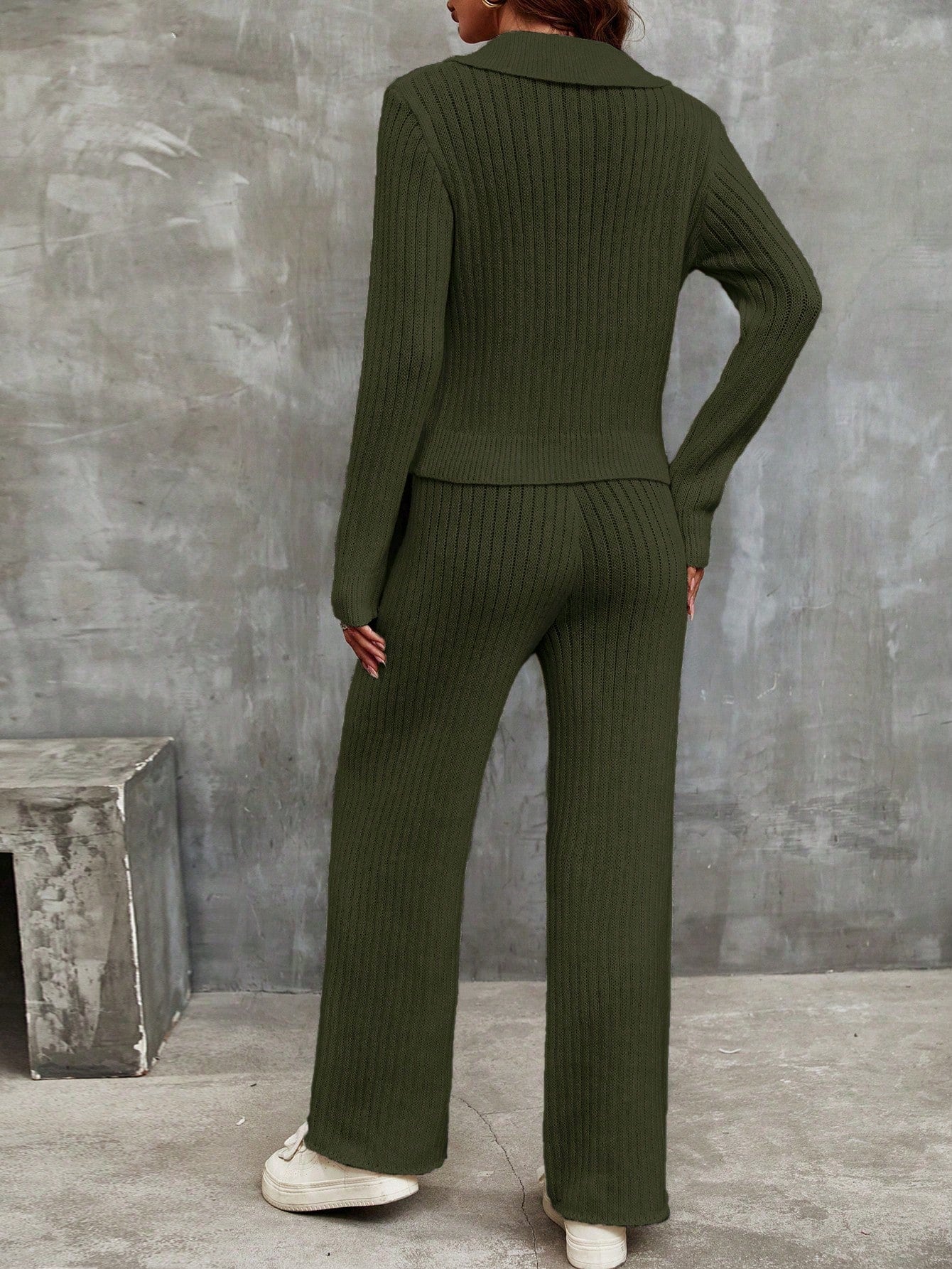 Franclia Solid Ribbed Knit Sweater & Knit Pants shein