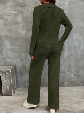 Franclia Solid Ribbed Knit Sweater & Knit Pants