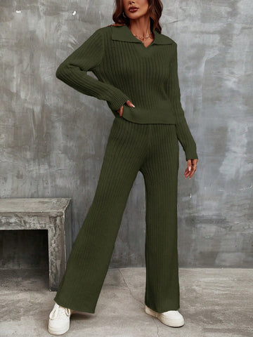Franclia Solid Ribbed Knit Sweater & Knit Pants