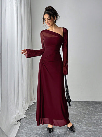 Women's Black Mesh Slim Long-Sleeved Dress