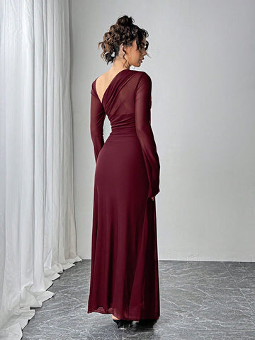 Women's Black Mesh Slim Long-Sleeved Dress
