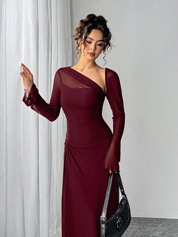 Women's Black Mesh Slim Long-Sleeved Dress