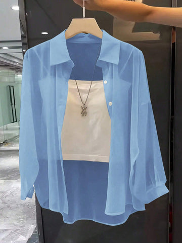 ChicEase Basic Transparent Plain Simple Collared Shirt
