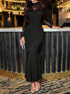 Elegant Women's Long Sleeved Patchwork Lace Mock Neck Mermaid Hem Dress shein