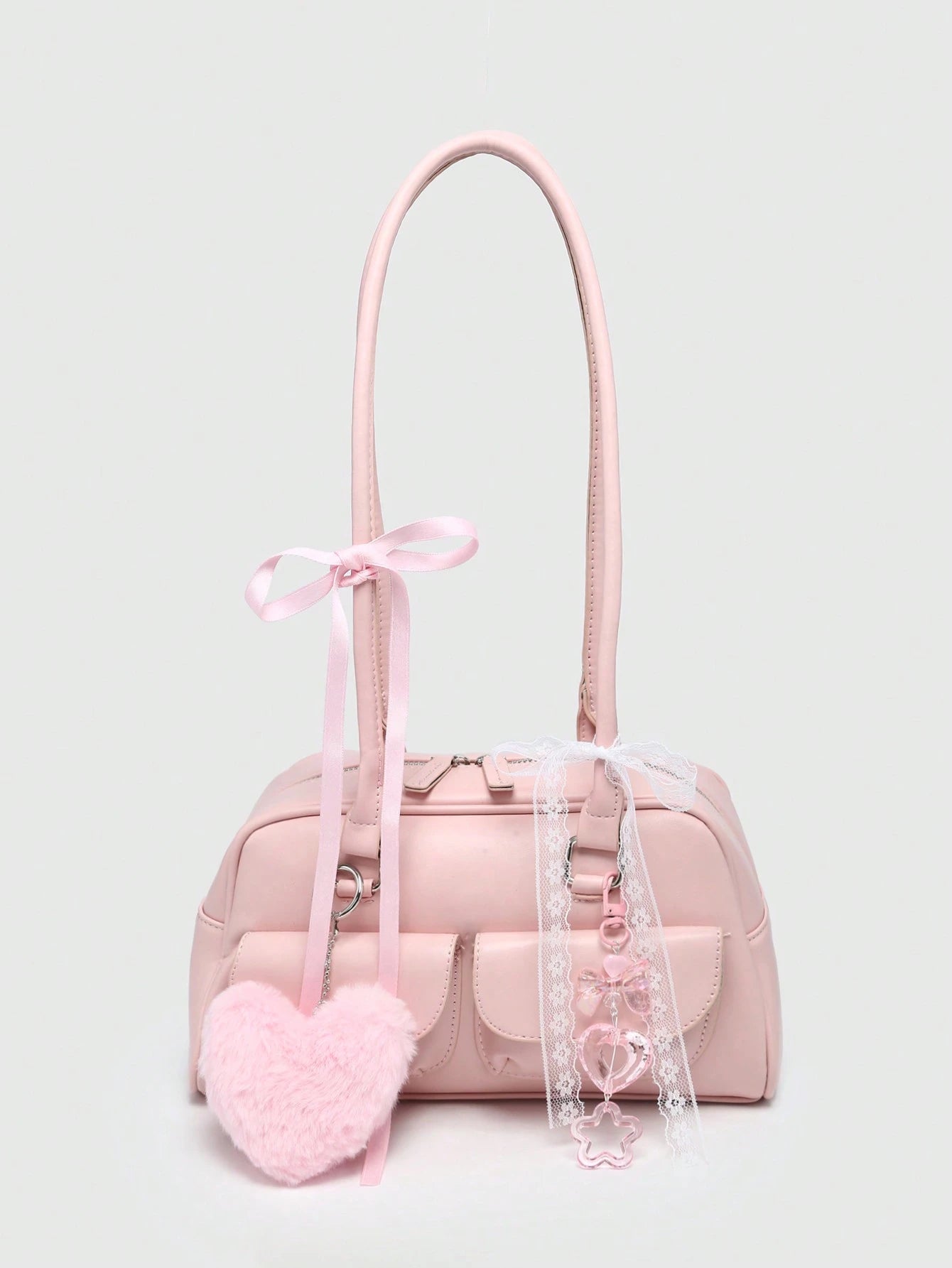Women Retro Sweet Plaid Bow Decor Cherry Heart Shoulder Underarm Bag shein