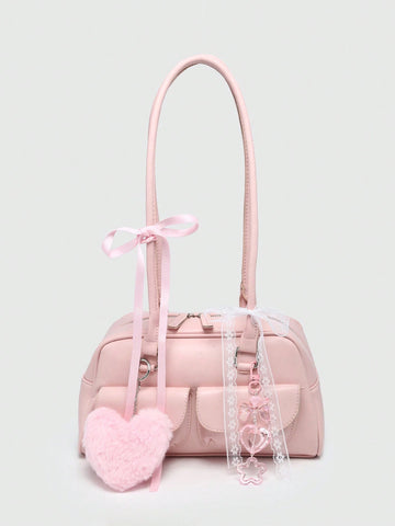 Women Retro Sweet Plaid Bow Decor Cherry Heart Shoulder Underarm Bag