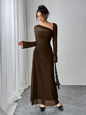 Women's Black Mesh Slim Long-Sleeved Dress