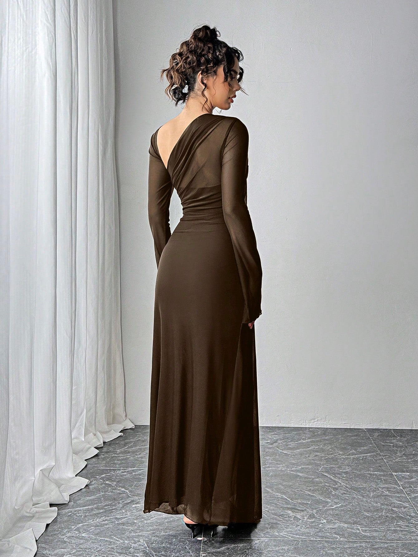 Women's Black Mesh Slim Long-Sleeved Dress shein