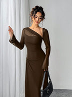 Women's Black Mesh Slim Long-Sleeved Dress shein