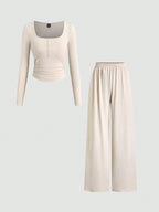 Fine Ribbed Crew Neck Button Top & Elastic Waist Straight Leg Pants shein