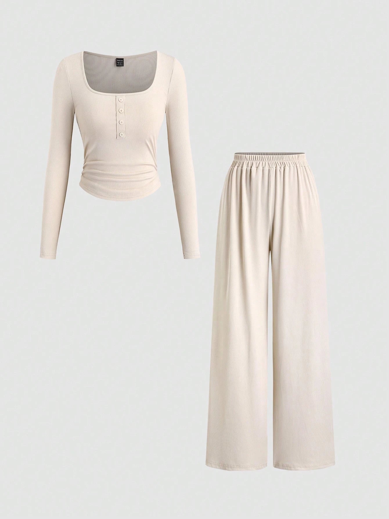 Fine Ribbed Crew Neck Button Top & Elastic Waist Straight Leg Pants shein