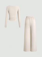 Fine Ribbed Crew Neck Button Top & Elastic Waist Straight Leg Pants shein