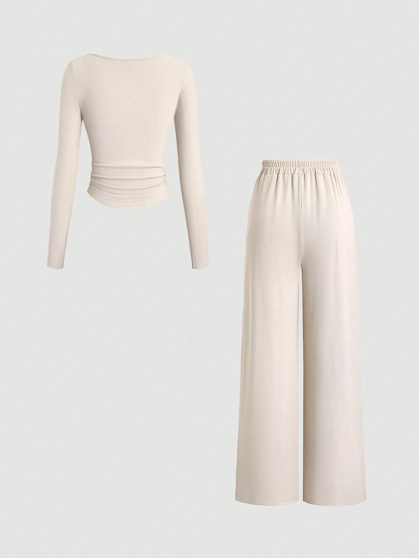 Fine Ribbed Crew Neck Button Top & Elastic Waist Straight Leg Pants shein