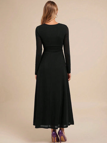 Women's Elegant Square Neck Long Sleeve A-Line Purple Party Dress