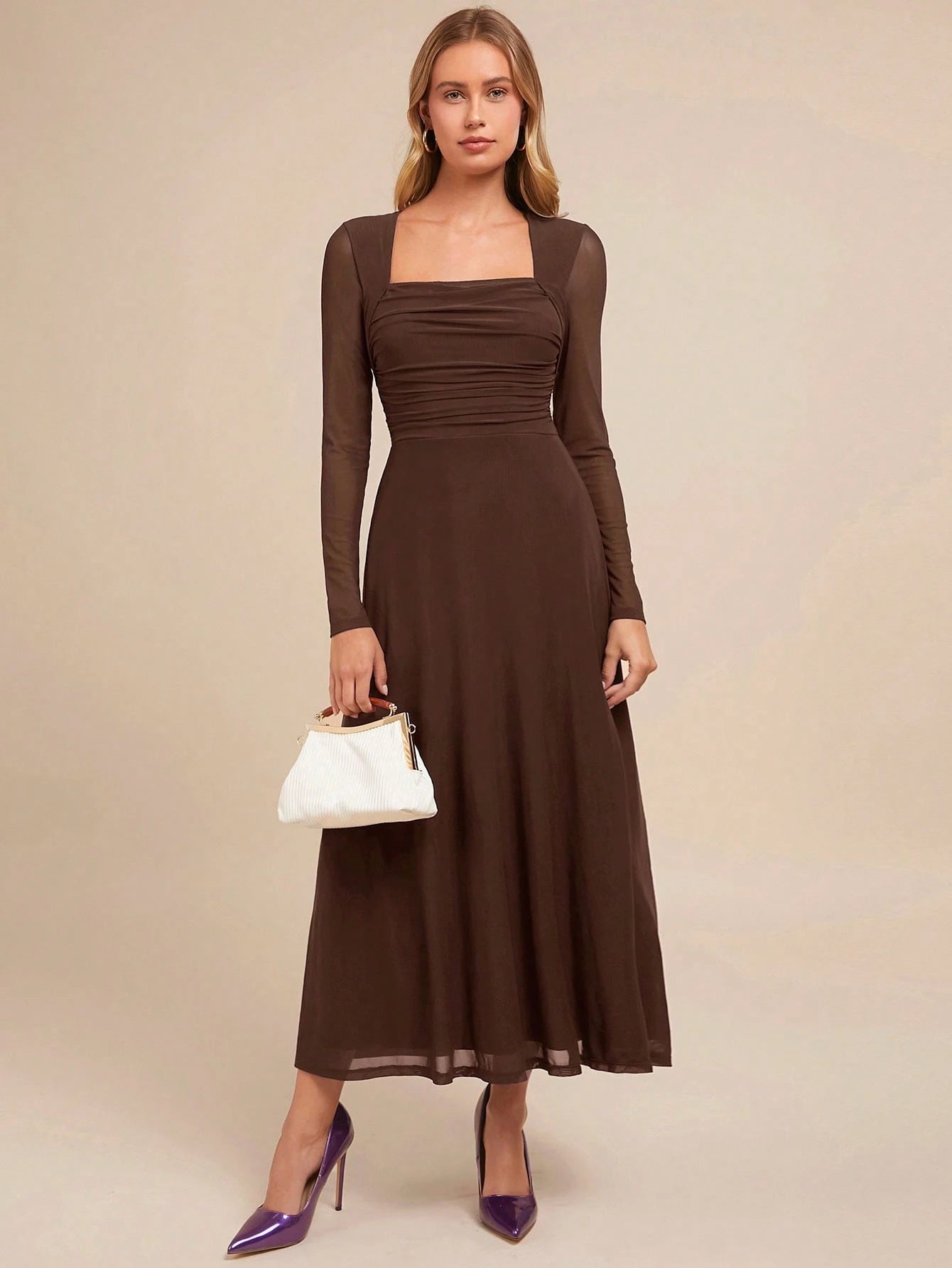 Women's Elegant Square Neck Long Sleeve A-Line Purple Party Dress