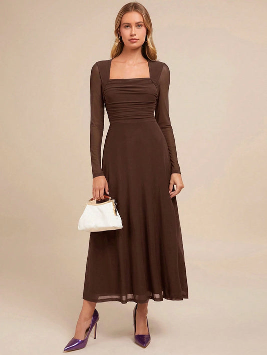 Women's Elegant Square Neck Long Sleeve A-Line Purple Party Dress