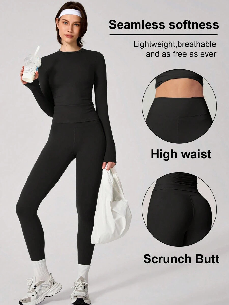 Set Women Simple Solid Color Sports Top And Pants Base Set Yoga Daily
