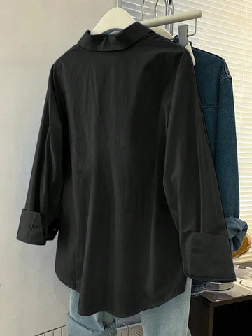 INAWLY Women's Solid Color Long Sleeve Single-Breasted Casual Loose Shirt