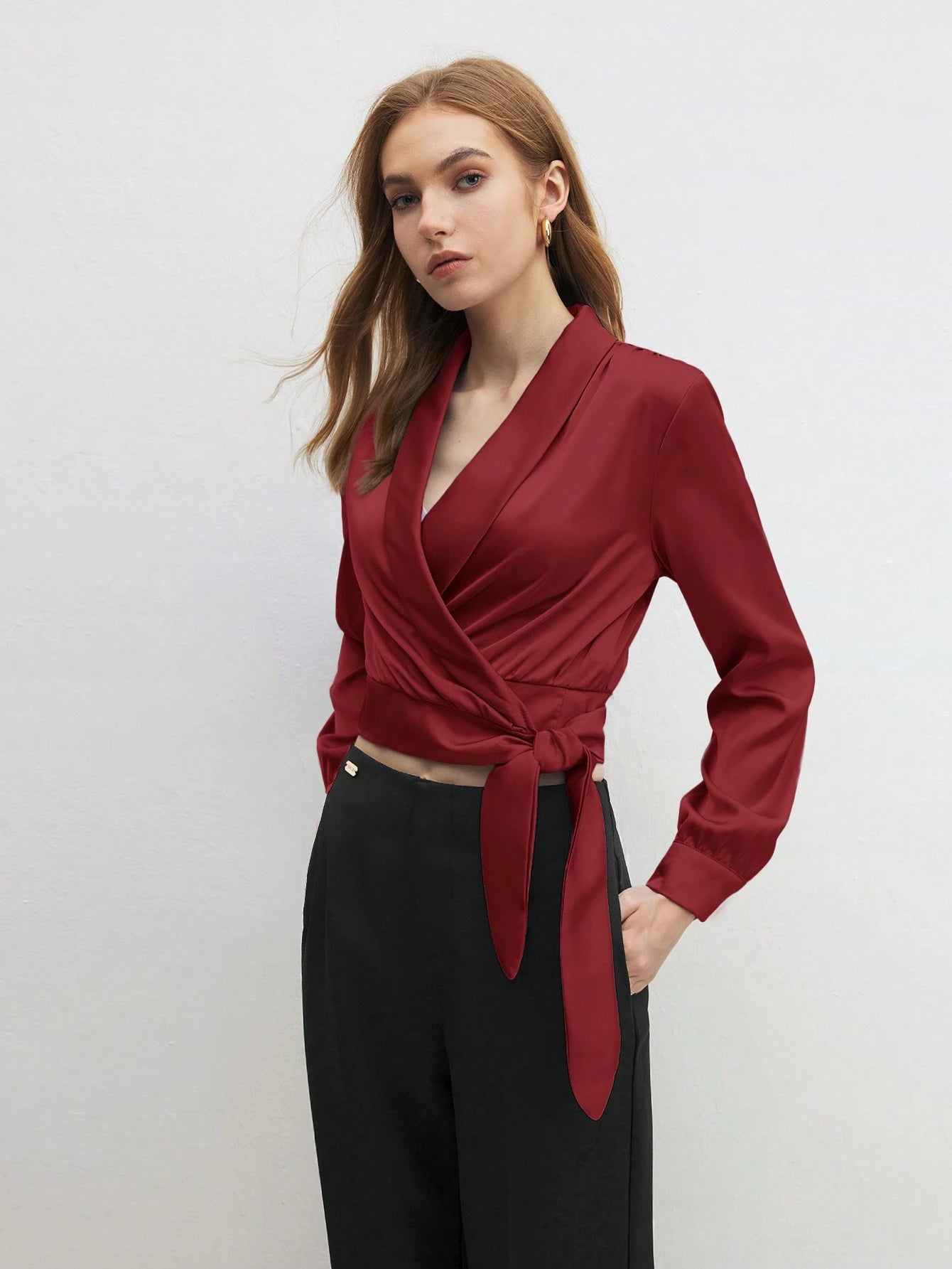BizChic Solid Knot Side Wrap Satin Crop Blouse shein