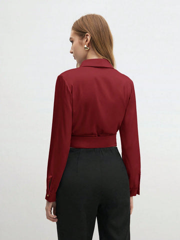 BizChic Solid Knot Side Wrap Satin Crop Blouse