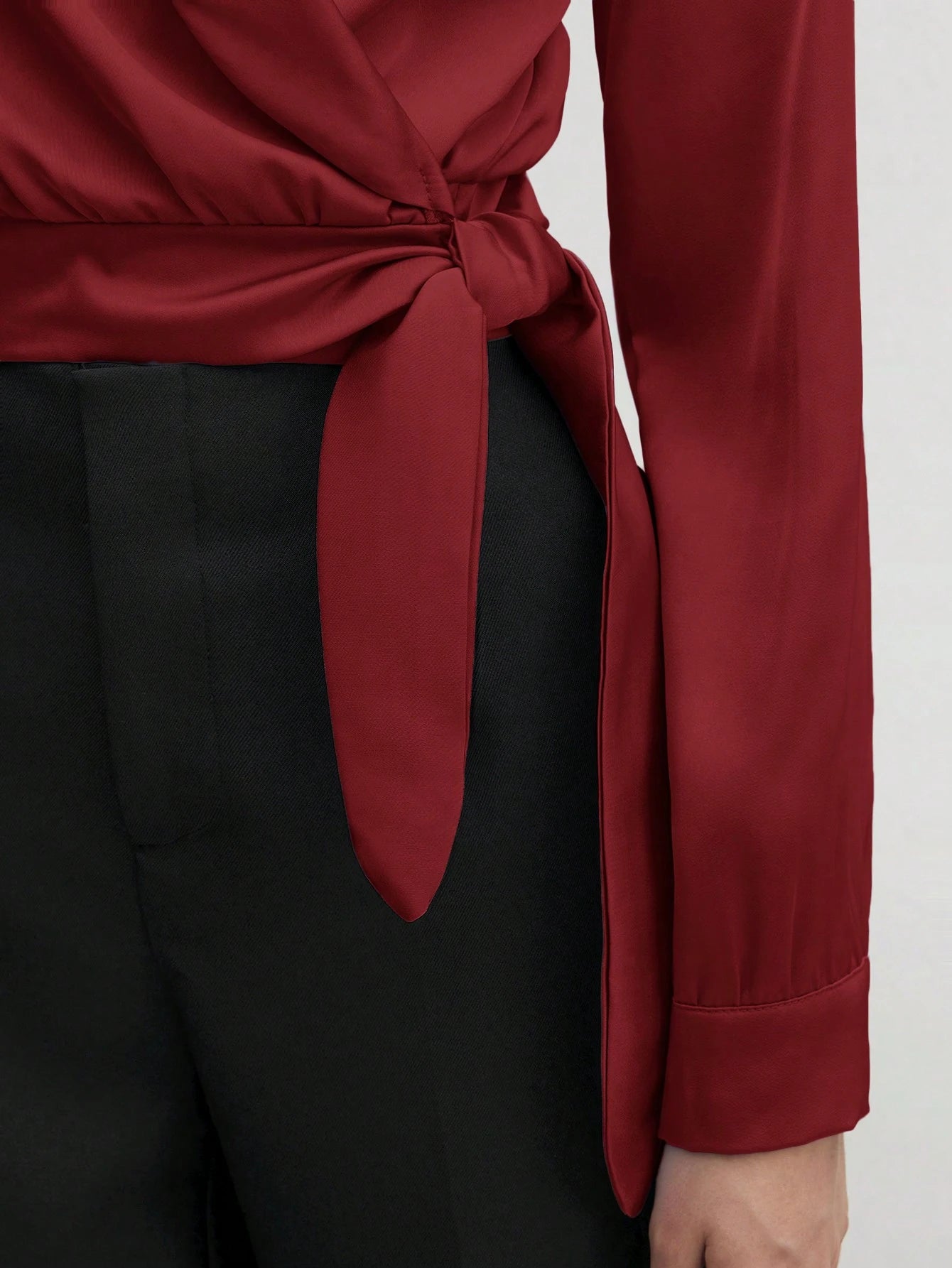 BizChic Solid Knot Side Wrap Satin Crop Blouse shein