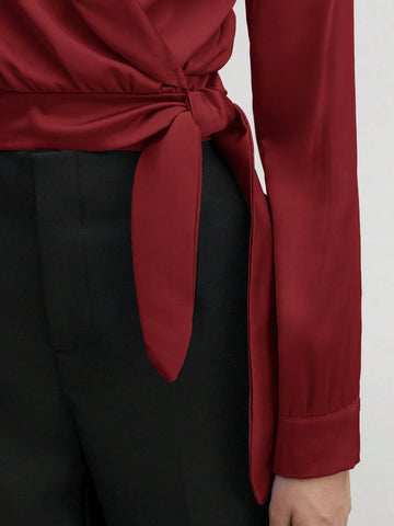 BizChic Solid Knot Side Wrap Satin Crop Blouse