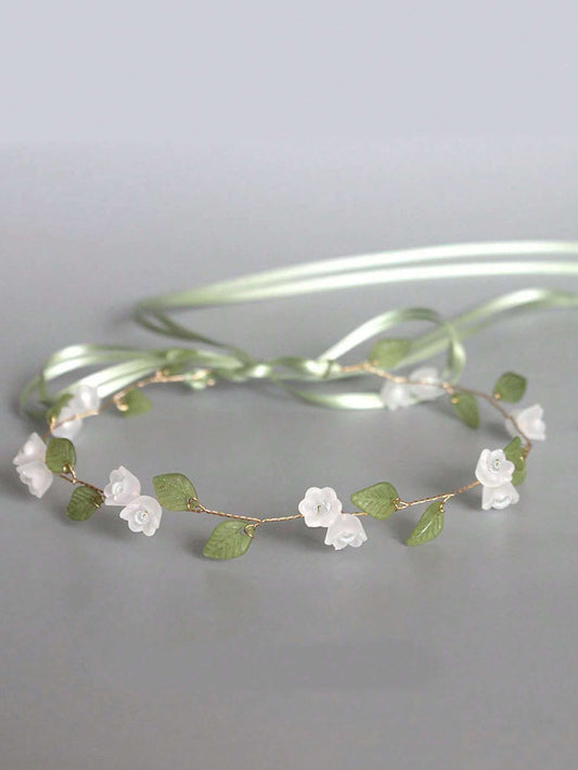 1pc Women's Handmade Green Leaf & Floral Fabric Headband