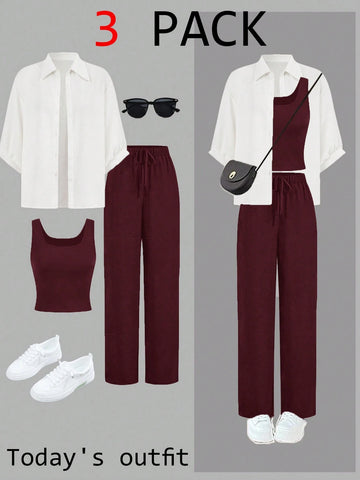 Luneh Square Neck Fitted Crop Top With Elastic Waist Bowknot Belt And Wide-Leg Pants + Vintage Leopard Print Button-Up Shirt