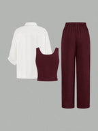 Luneh Square Neck Fitted Crop Top With Elastic Waist Bowknot Belt And Wide-Leg Pants + Vintage Leopard Print Button-Up Shirt shein