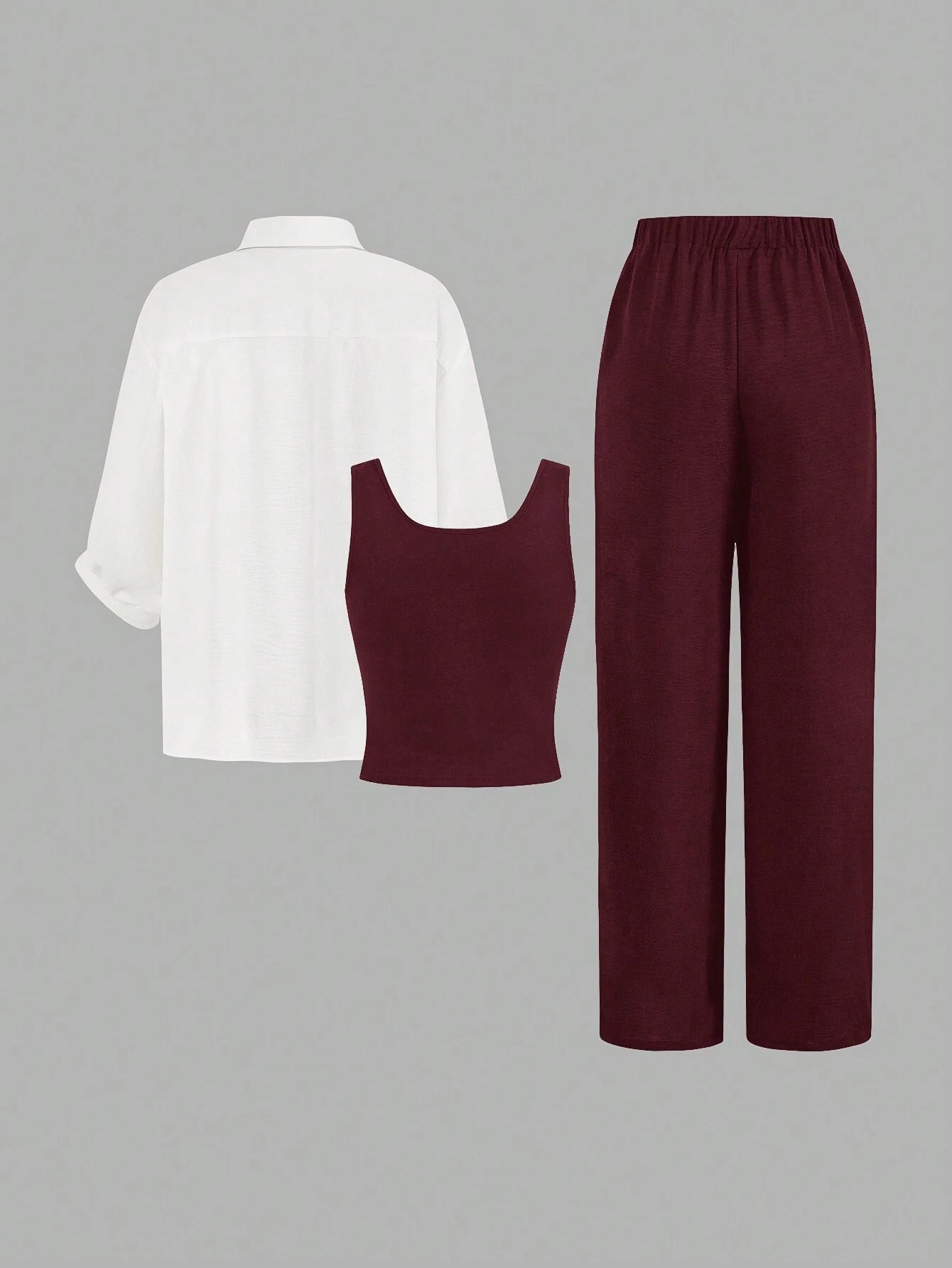 Luneh Square Neck Fitted Crop Top With Elastic Waist Bowknot Belt And Wide-Leg Pants + Vintage Leopard Print Button-Up Shirt shein