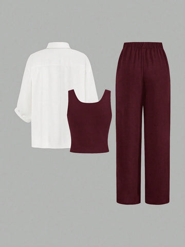 Luneh Square Neck Fitted Crop Top With Elastic Waist Bowknot Belt And Wide-Leg Pants + Vintage Leopard Print Button-Up Shirt