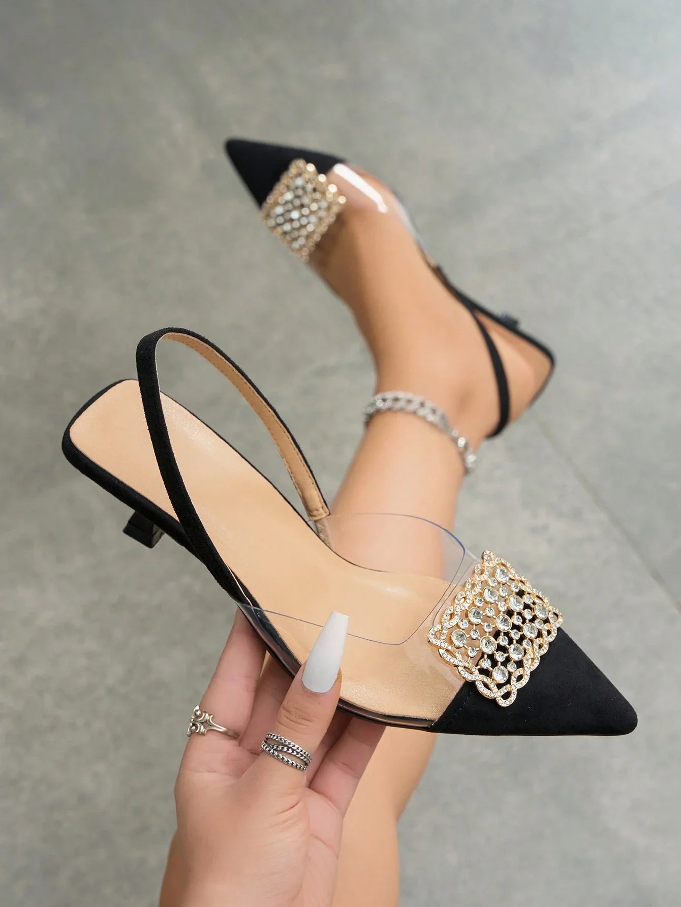 Women's Rhinestone Decorated Pointed Toe Slingback Kitten Heel Slip-On Pumps shein