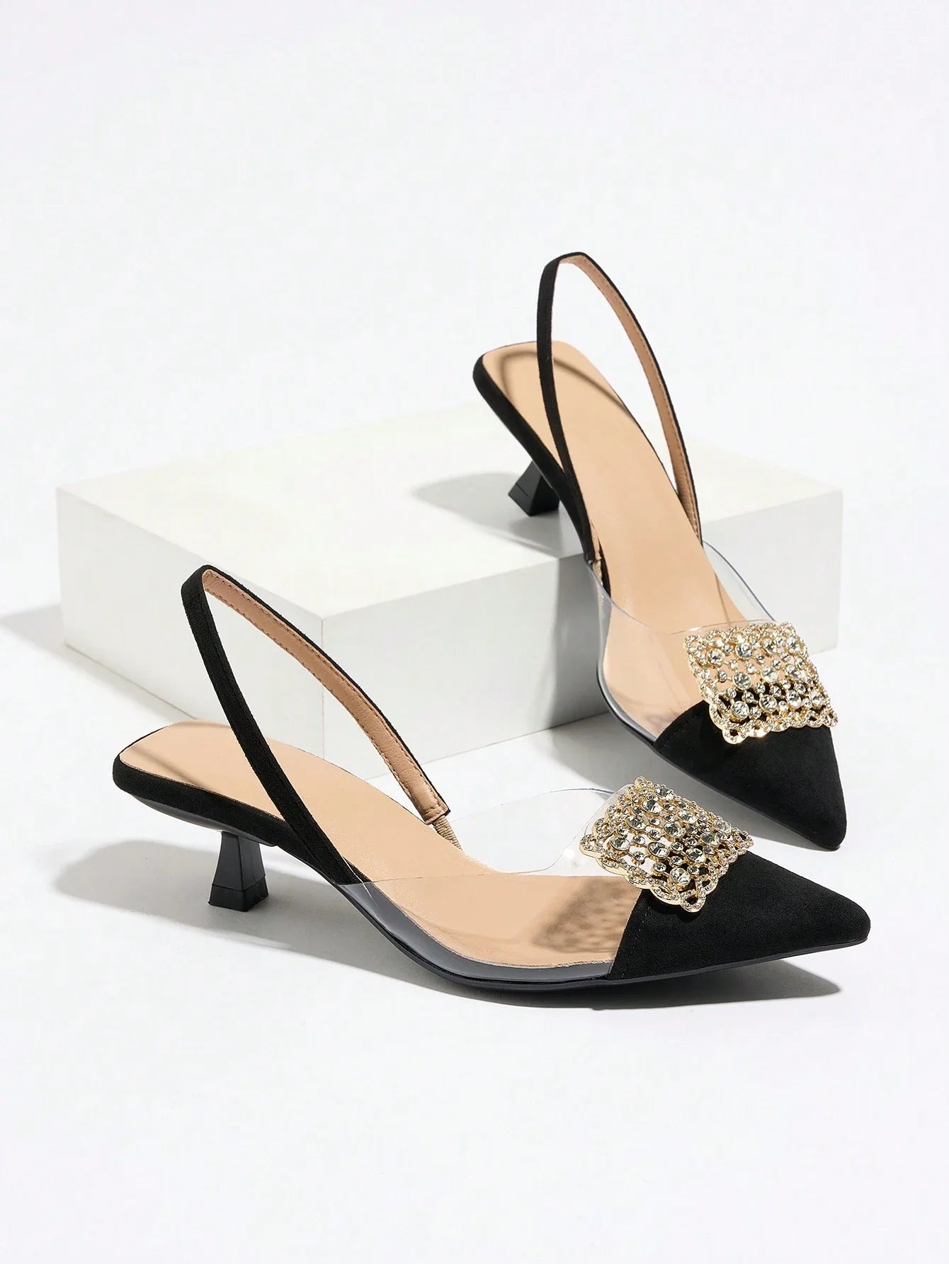 Women's Rhinestone Decorated Pointed Toe Slingback Kitten Heel Slip-On Pumps shein