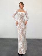 Sexy S-Shaped Lace Long Sleeve Cupped Corset Collar Slim Fitted Floor Length Dress shein