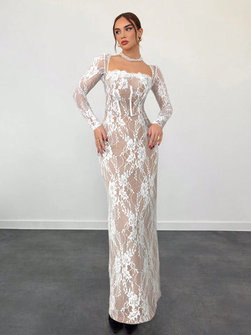 Sexy S-Shaped Lace Long Sleeve Cupped Corset Collar Slim Fitted Floor Length Dress